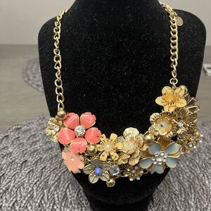 Talbots Floral Gold and Pink Statement Necklace with extender